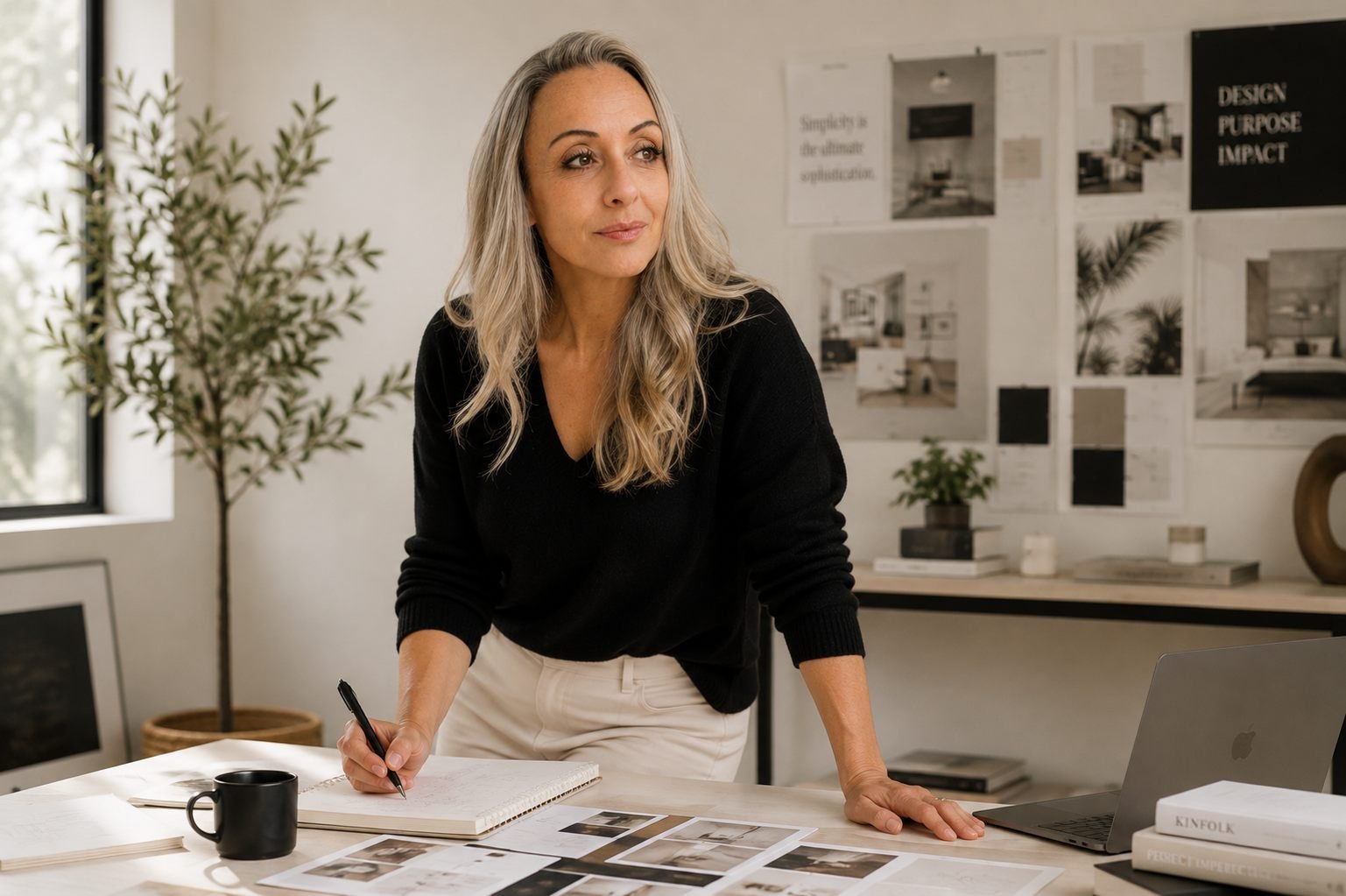 Clare Langley at her desk, sketching out a project