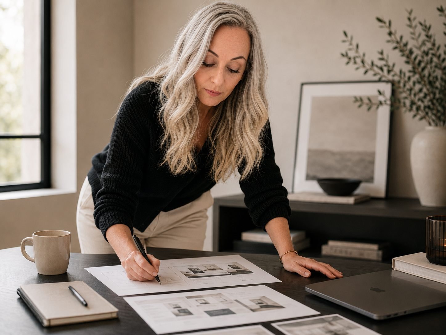 Clare reviewing printed page layouts