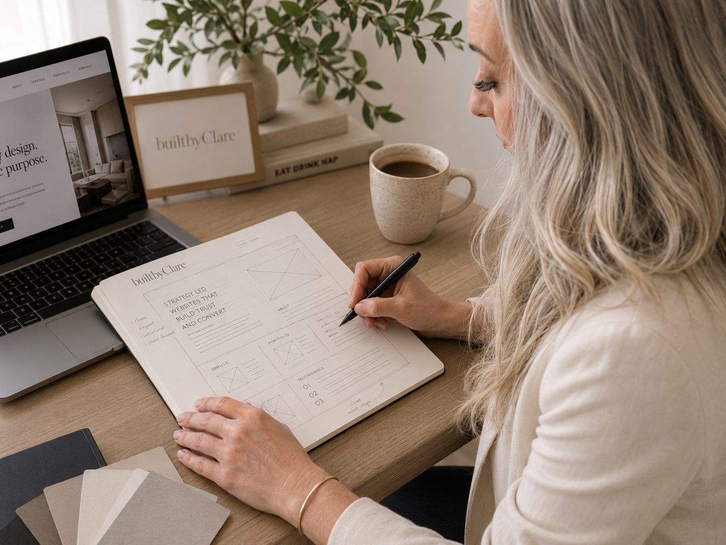 Clare sketching a website wireframe by hand, with the live site open alongside