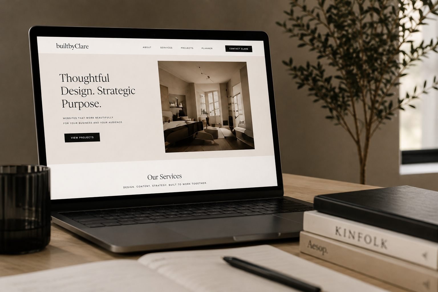 A Built by Clare website shown on a laptop on a considered, calm desk setup