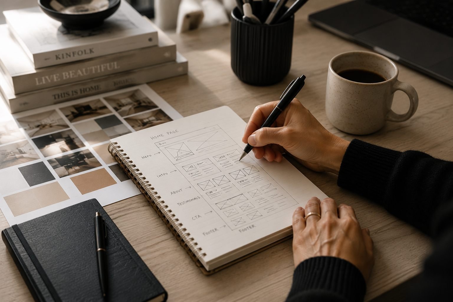Sketching out a homepage wireframe by hand before any design work begins