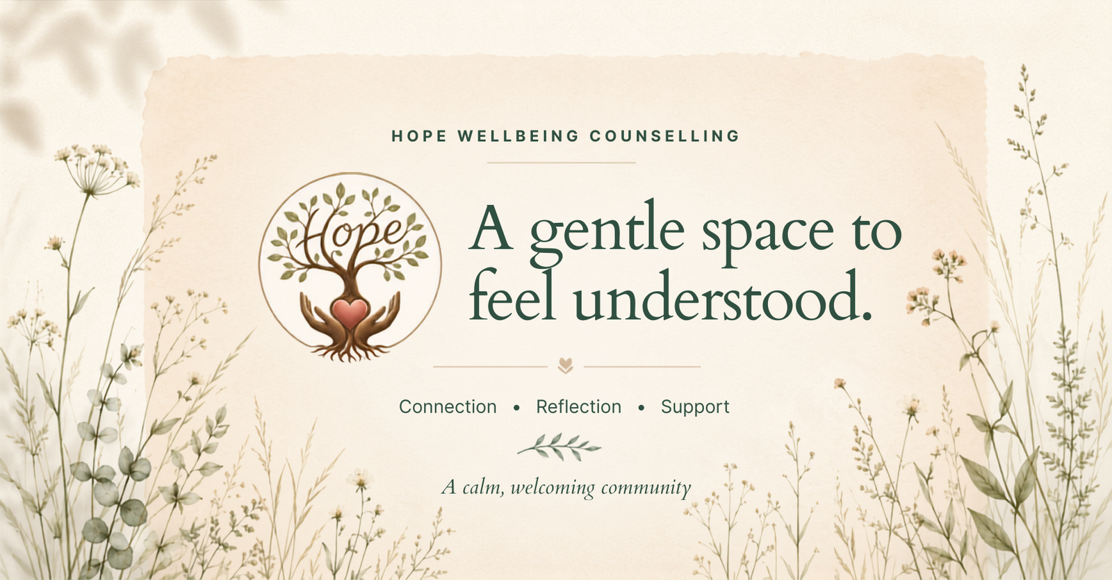 Hope Wellbeing Facebook graphic with the Hope logo and the message A gentle space to feel understood