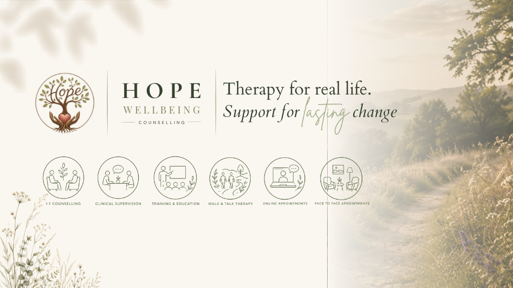 Hope Wellbeing Google Business banner with the logo, therapy message and service icons