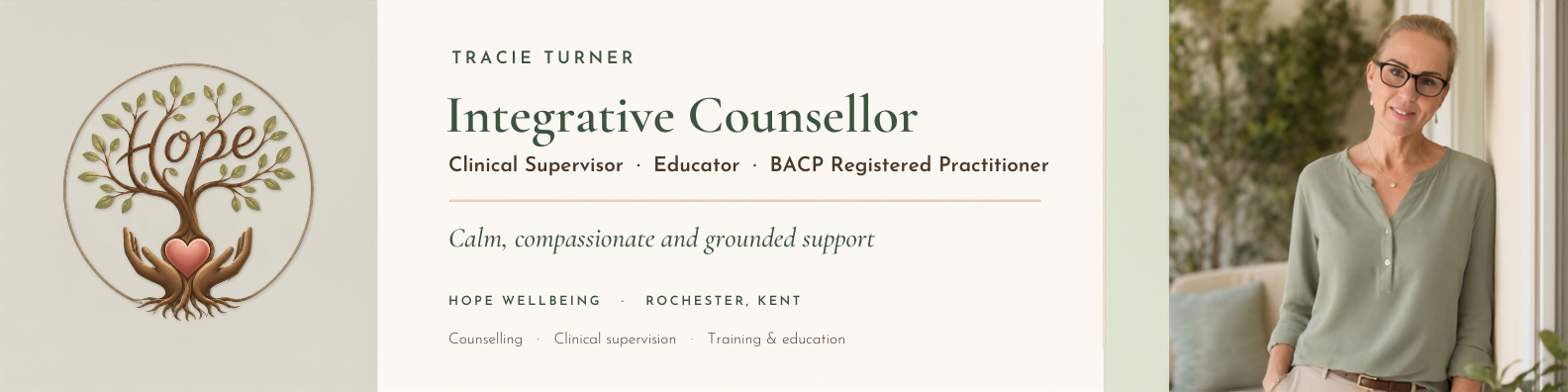 Hope Wellbeing personal LinkedIn header for Tracie Turner, Integrative Counsellor