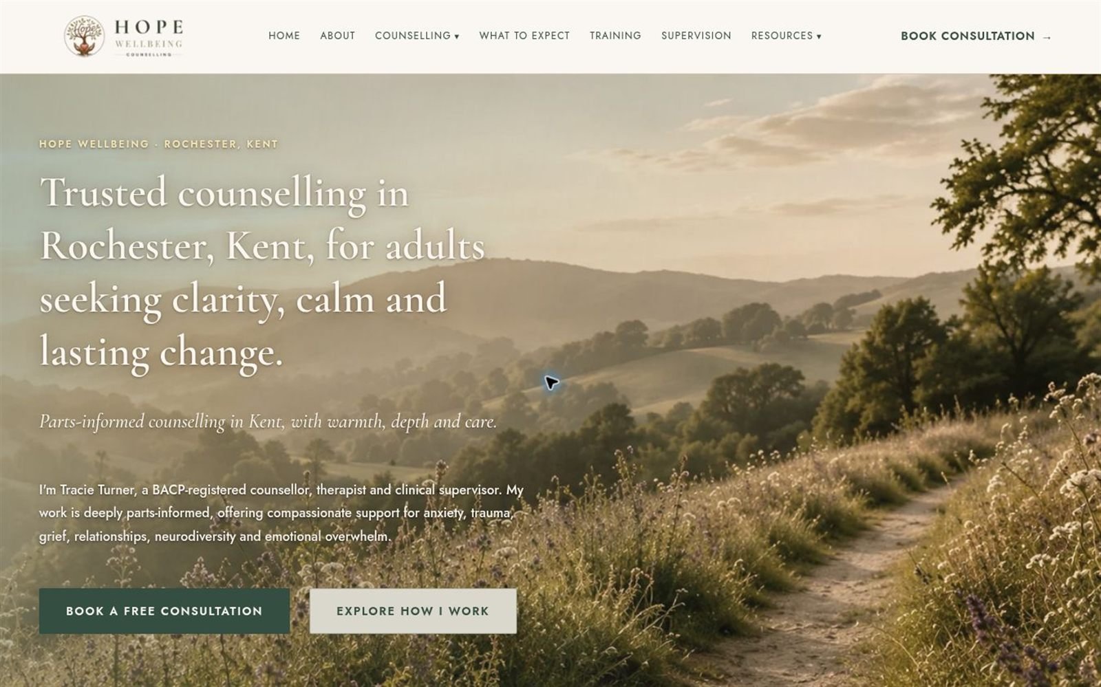 Hope Wellbeing website home page, showing the counselling practice's hero section and navigation
