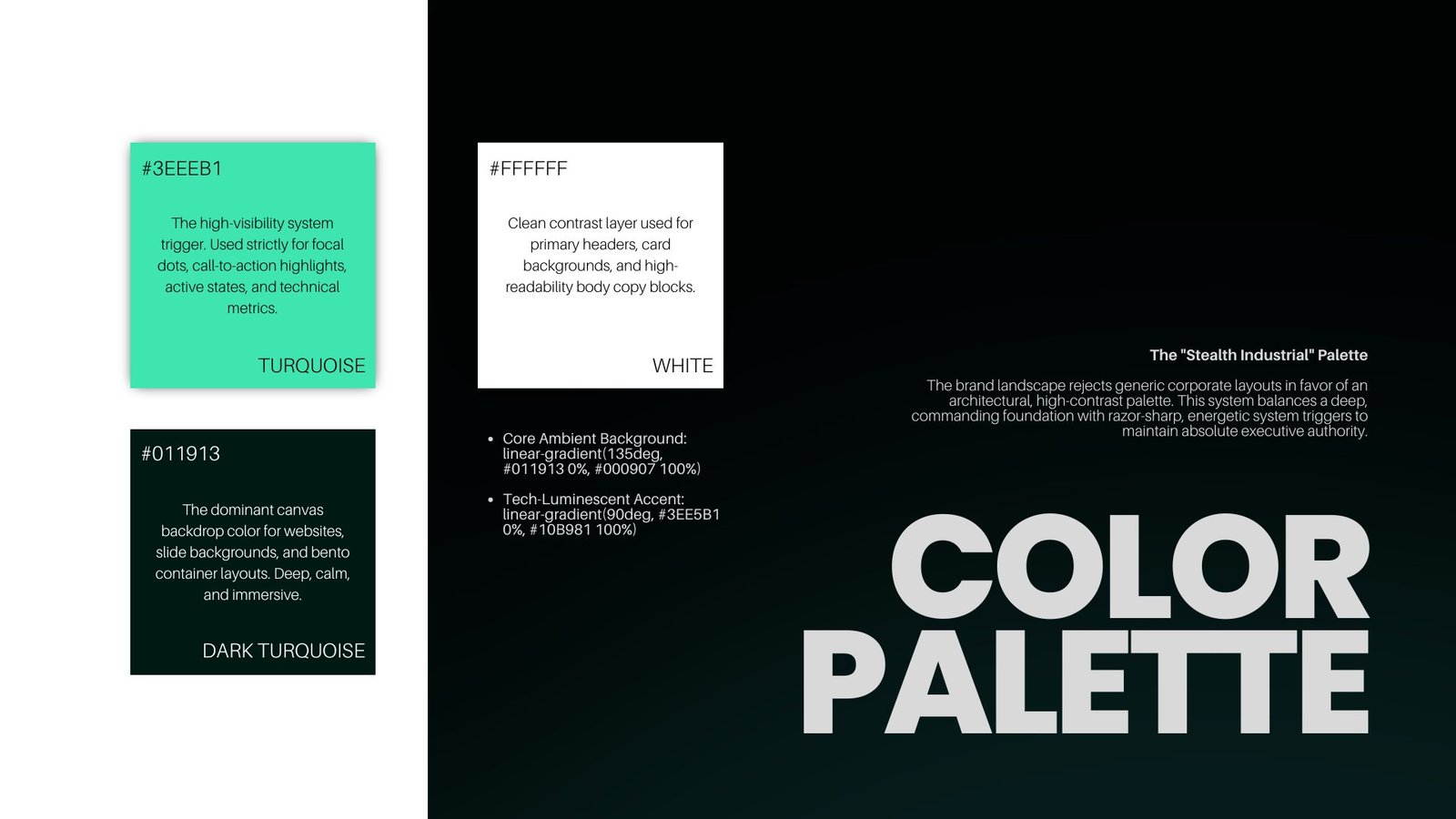 The Squishy Bit brand guidelines page: Color Palette, turquoise and stealth industrial black